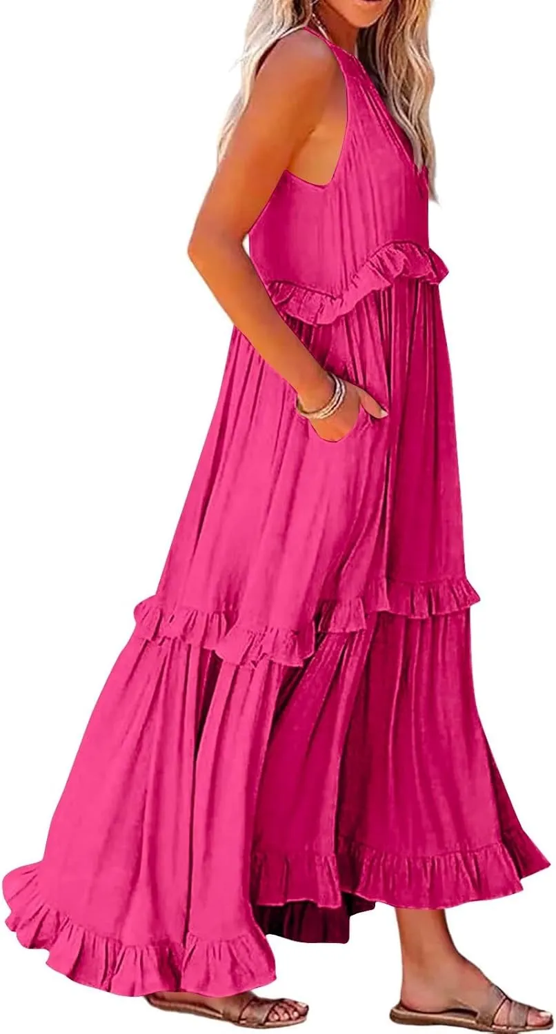 Women's Sundresses 2025 Summer Casual Loose Trendy Sleeveless Solid Color Flowy Maxi Beach Dress, S-2XL