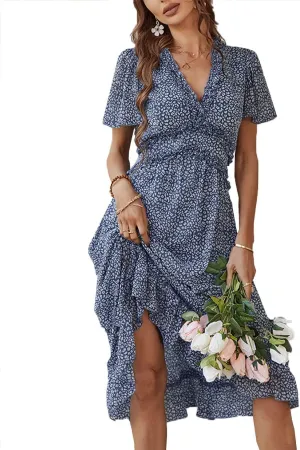 Women's Sweet Floral Ruffled V Neck Elastic Waist Swing Midi Dress for Wedding Party Guest