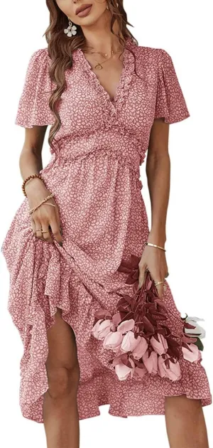 Women's Sweet Floral Ruffled V Neck Elastic Waist Swing Midi Dress for Wedding Party Guest