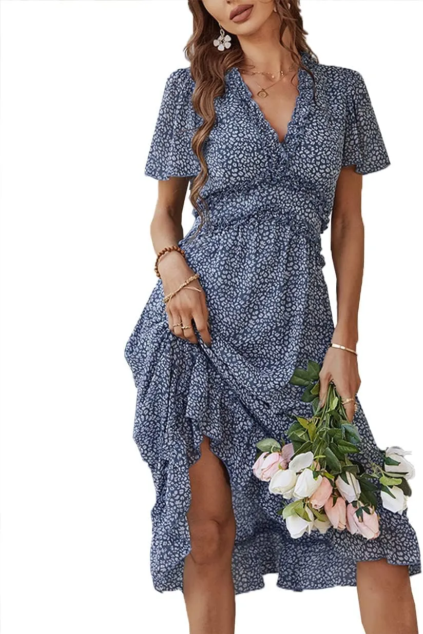 Women's Sweet Floral Ruffled V Neck Elastic Waist Swing Midi Dress for Wedding Party Guest