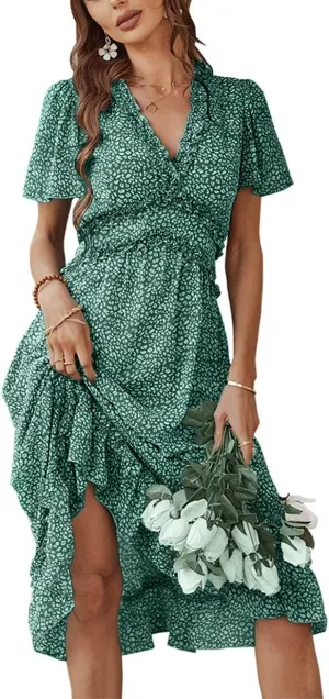 Women's Sweet Floral Ruffled V Neck Elastic Waist Swing Midi Dress for Wedding Party Guest