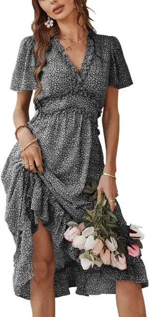 Women's Sweet Floral Ruffled V Neck Elastic Waist Swing Midi Dress for Wedding Party Guest