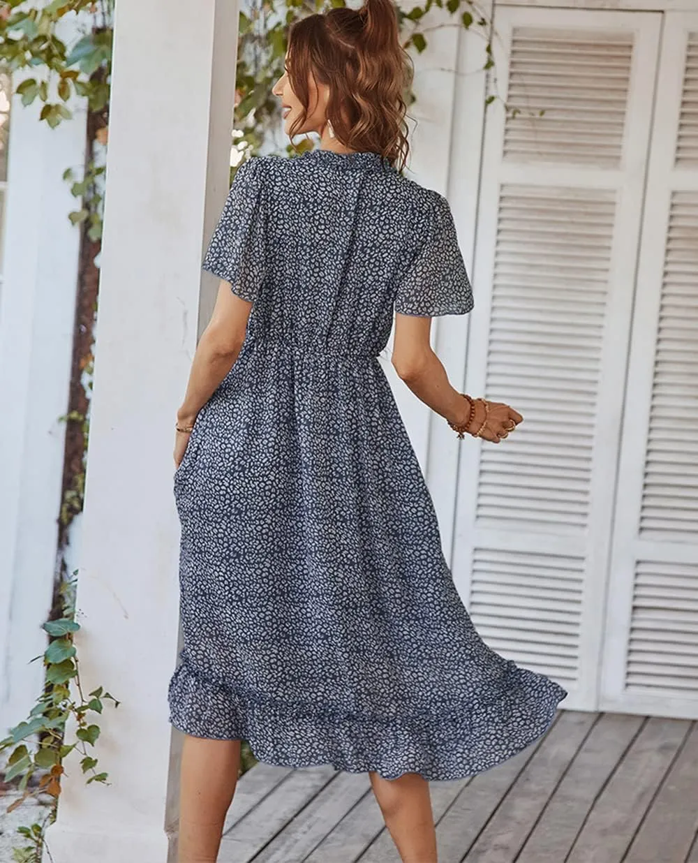 Women's Sweet Floral Ruffled V Neck Elastic Waist Swing Midi Dress for Wedding Party Guest