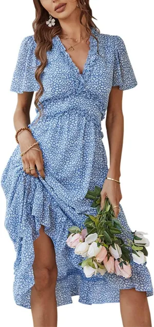 Women's Sweet Floral Ruffled V Neck Elastic Waist Swing Midi Dress for Wedding Party Guest