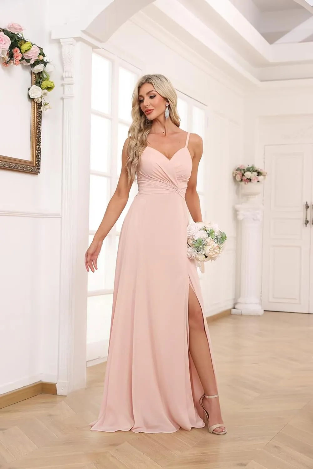 Women's V-Neck Chiffon Bridesmaid Dresses Long A Line Spaghetti Strap Ruched Formal Evening Gown with Slit
