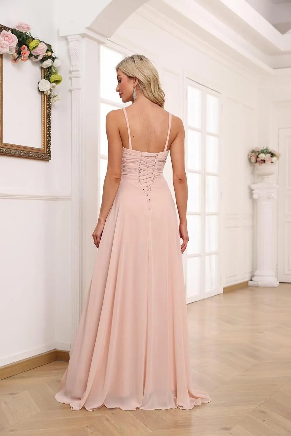 Women's V-Neck Chiffon Bridesmaid Dresses Long A Line Spaghetti Strap Ruched Formal Evening Gown with Slit