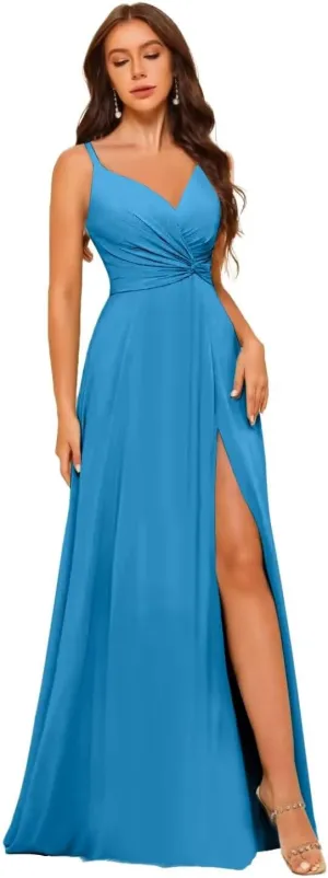 Women's V-Neck Chiffon Bridesmaid Dresses Long A Line Spaghetti Strap Ruched Formal Evening Gown with Slit