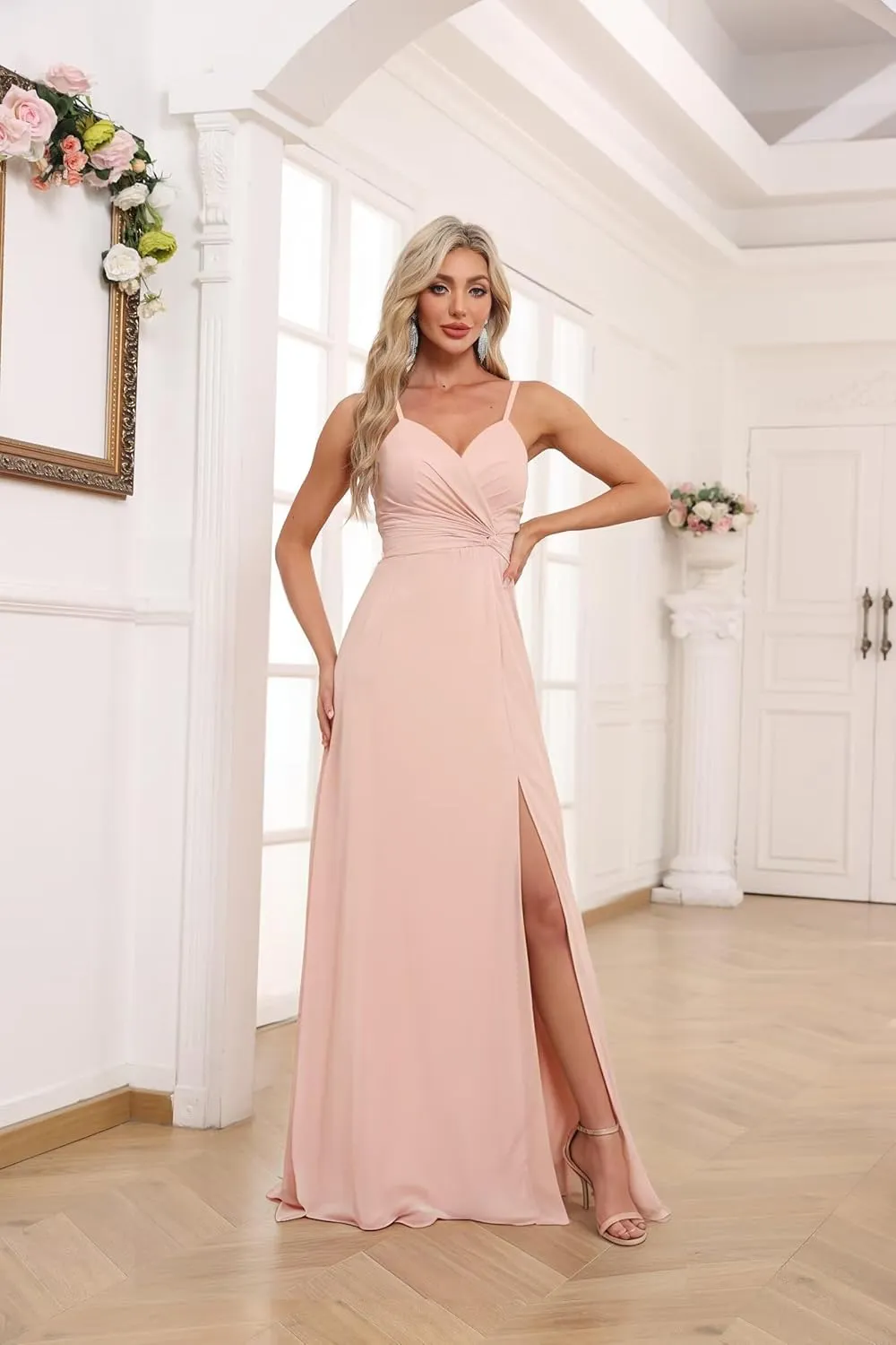 Women's V-Neck Chiffon Bridesmaid Dresses Long A Line Spaghetti Strap Ruched Formal Evening Gown with Slit