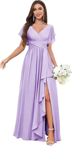 Women's V-Neck Lilac Long Bridesmaid Dresses with Sleeves A-line Chiffon Ruched Formal Evening Gowns Size 0