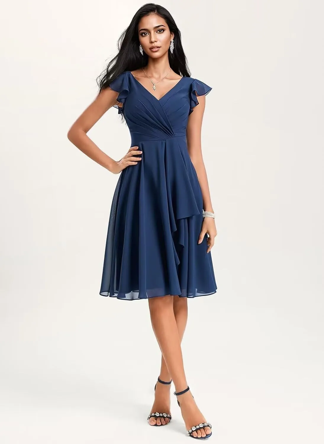 Women's V Neck Short Bridesmaid Dresses Chiffon 2025 A-line Ruffles Formal Evening Gowns AU127