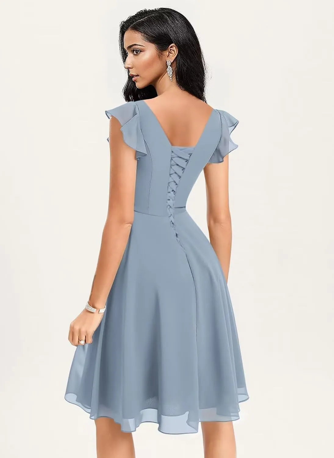 Women's V Neck Short Bridesmaid Dresses Chiffon 2025 A-line Ruffles Formal Evening Gowns AU127