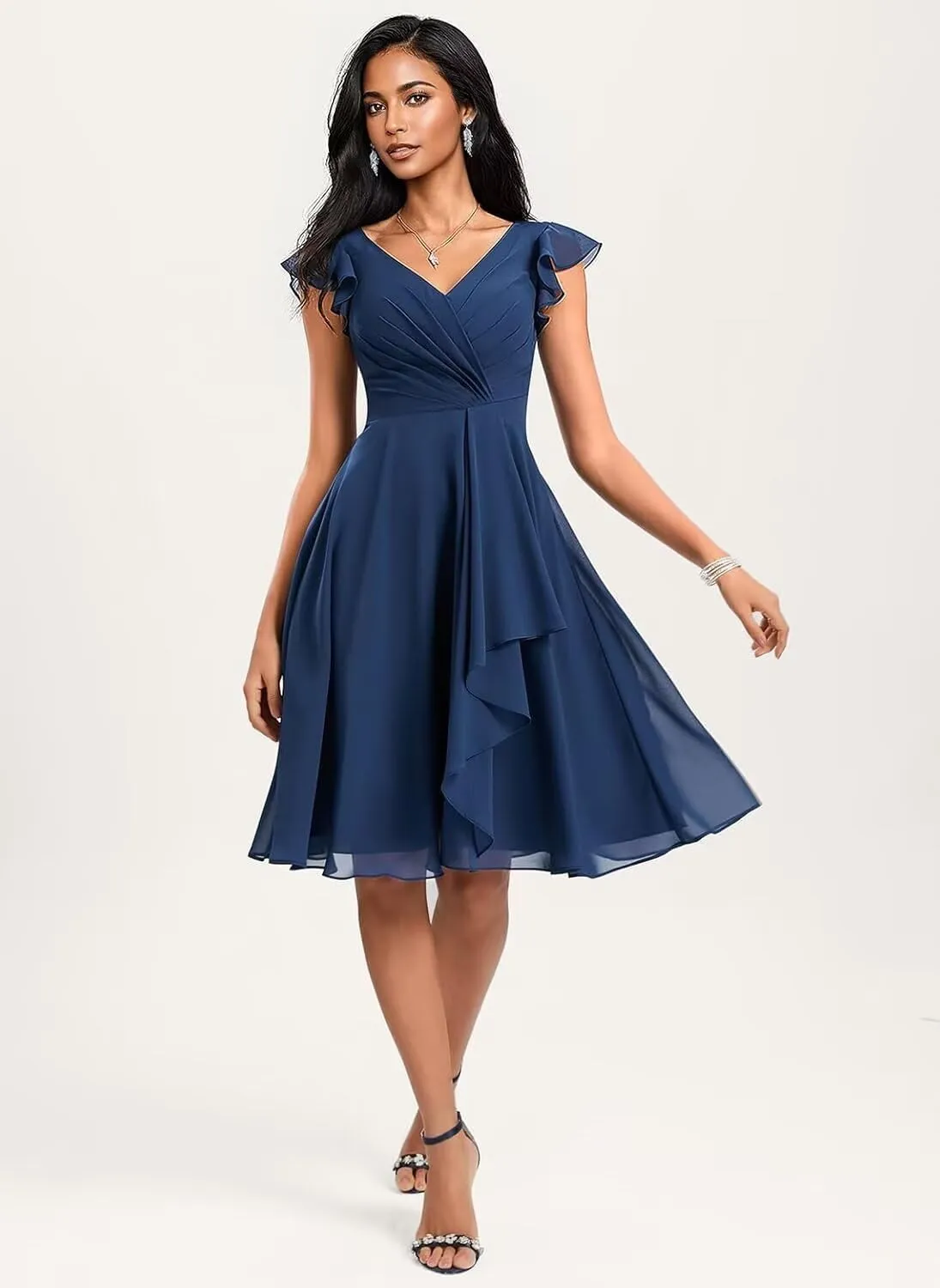 Women's V Neck Short Bridesmaid Dresses Chiffon 2025 A-line Ruffles Formal Evening Gowns AU127
