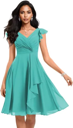 Women's V Neck Short Bridesmaid Dresses Chiffon 2025 A-line Ruffles Formal Evening Gowns AU127