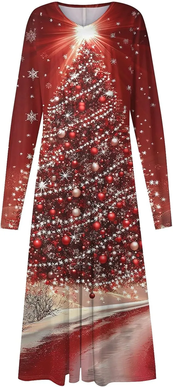 Women's Winter Casual Trendy V-Neck Long Sleeve Snowflake Print Christmas Dress Plus Size, S-2XL