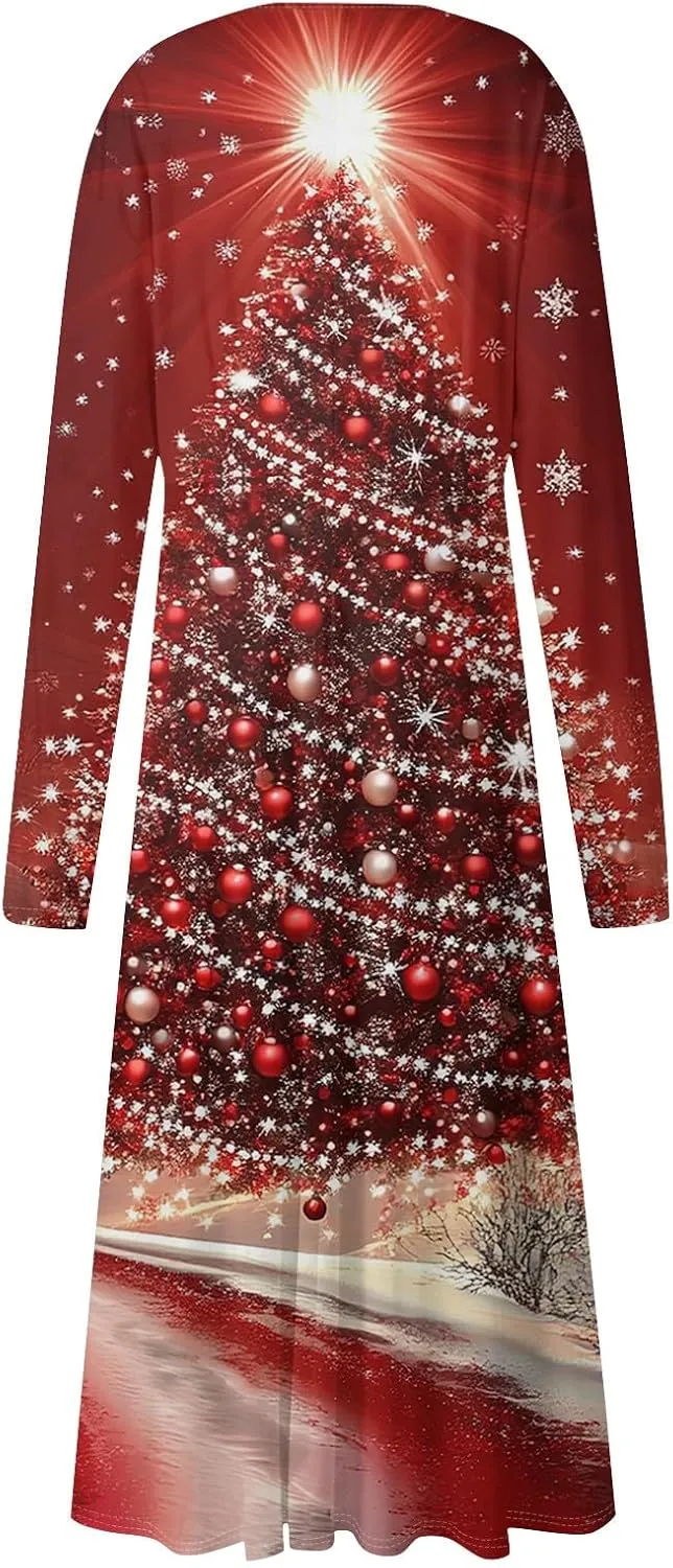 Women's Winter Casual Trendy V-Neck Long Sleeve Snowflake Print Christmas Dress Plus Size, S-2XL