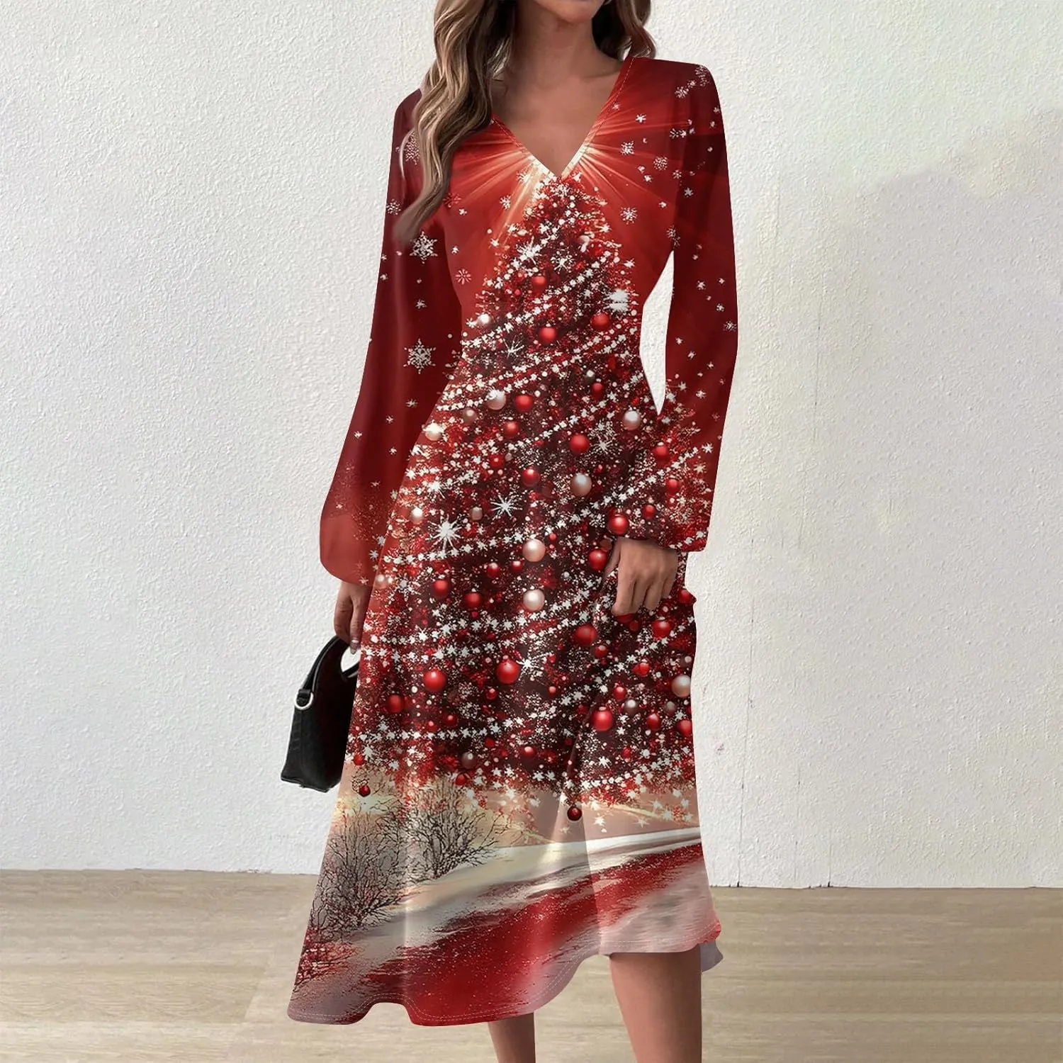 Women's Winter Casual Trendy V-Neck Long Sleeve Snowflake Print Christmas Dress Plus Size, S-2XL