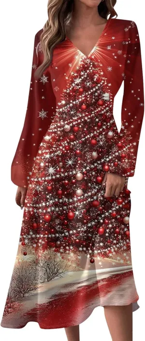 Women's Winter Casual Trendy V-Neck Long Sleeve Snowflake Print Christmas Dress Plus Size, S-2XL