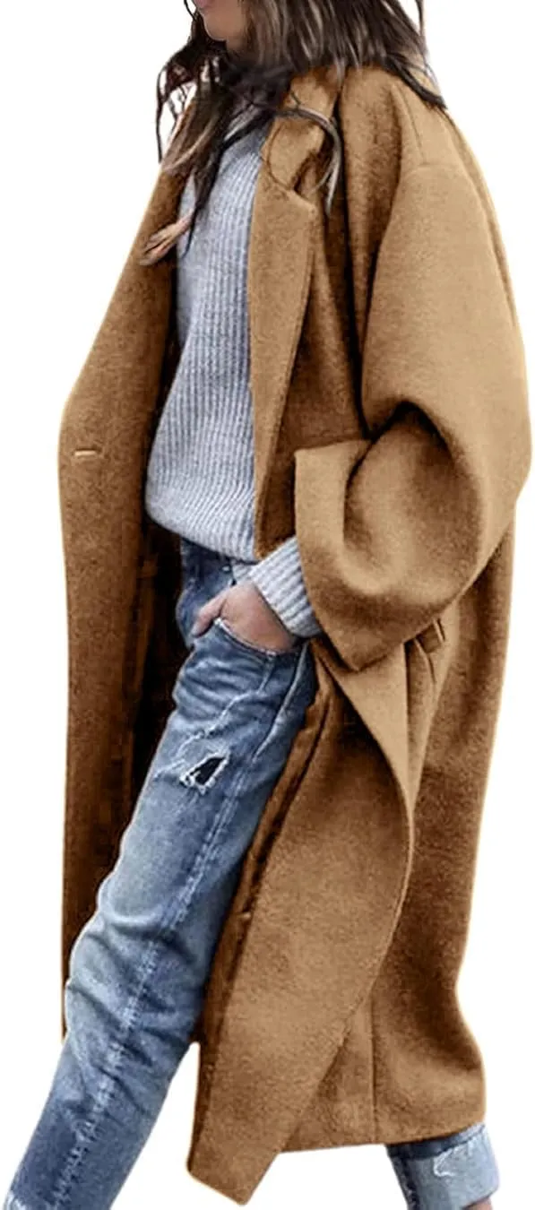 Women's Winter Pea Coat Notch Lapel Single Breasted Oversized Long Casual Wool Blend Overcoat