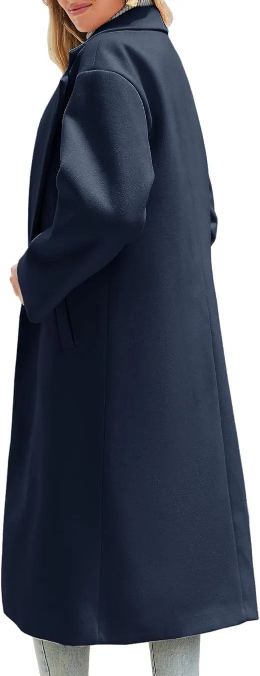 Women's Winter Pea Coat Notch Lapel Single Breasted Oversized Long Casual Wool Blend Overcoat