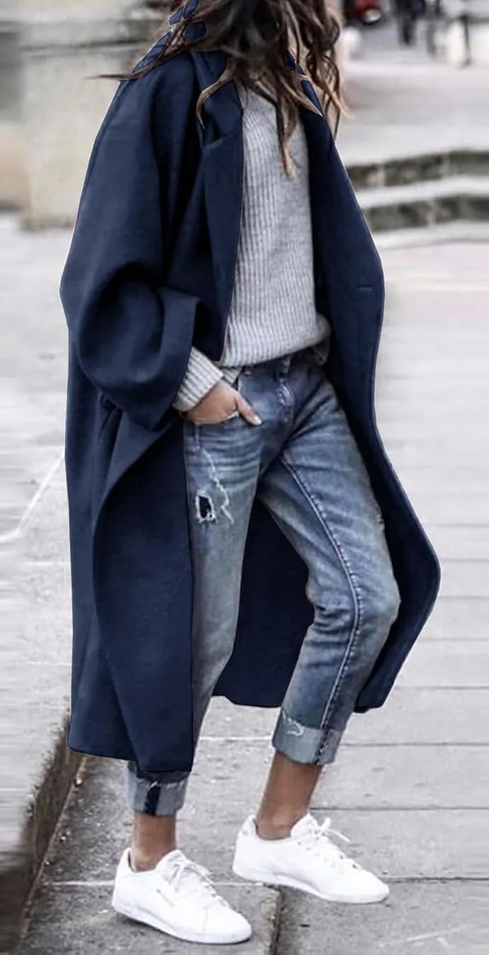 Women's Winter Pea Coat Notch Lapel Single Breasted Oversized Long Casual Wool Blend Overcoat
