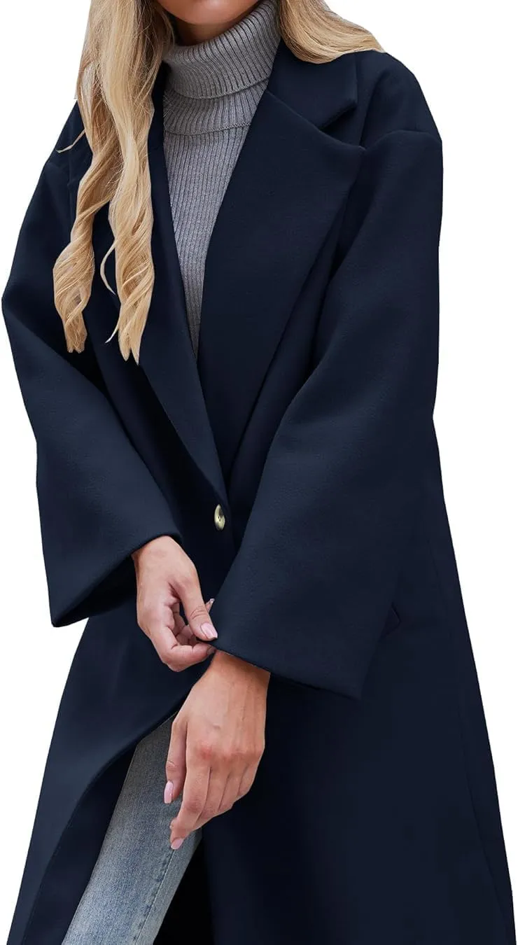 Women's Winter Pea Coat Notch Lapel Single Breasted Oversized Long Casual Wool Blend Overcoat