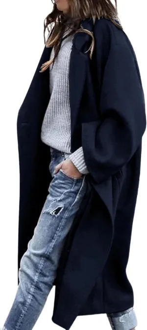 Women's Winter Pea Coat Notch Lapel Single Breasted Oversized Long Casual Wool Blend Overcoat