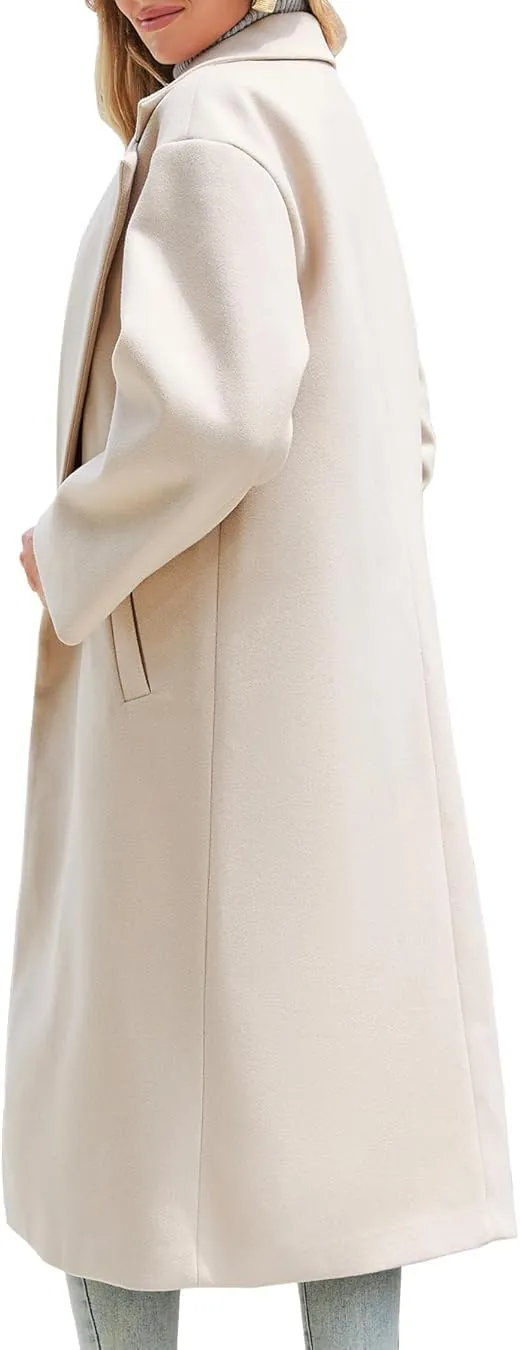 Women's Winter Pea Coat Notch Lapel Single Breasted Oversized Long Casual Wool Blend Overcoat