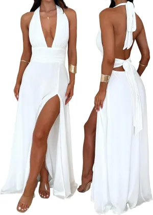 XinFSh Women's Summer Halter Deep V Neck Flowy Long Dress Sexy Backless High Slit Maxi Dresses Beach Vacation Party Dress