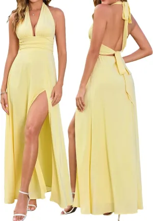 XinFSh Women's Summer Halter Deep V Neck Flowy Long Dress Sexy Backless High Slit Maxi Dresses Beach Vacation Party Dress