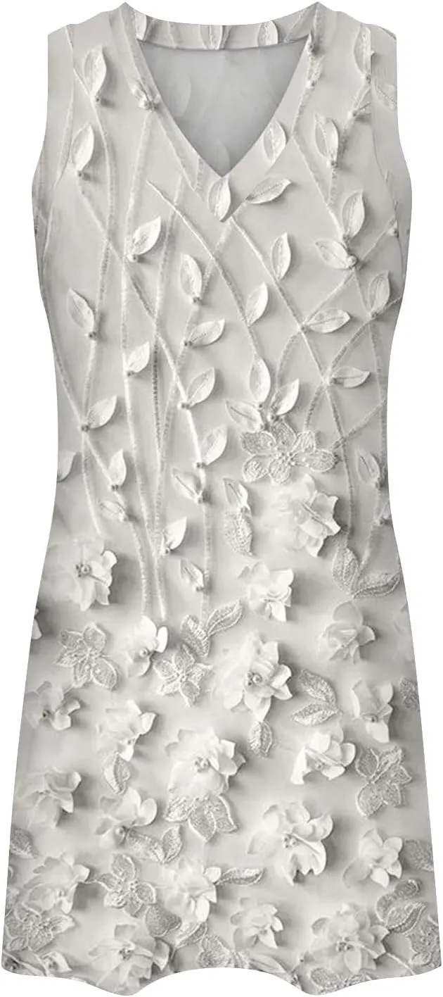 XOWRTE Women's Round Neck Eyelet Lace Embroidery Smocked Loose Party Dress Sexy Sleeveless A Line Mini Sun Dress for Women
