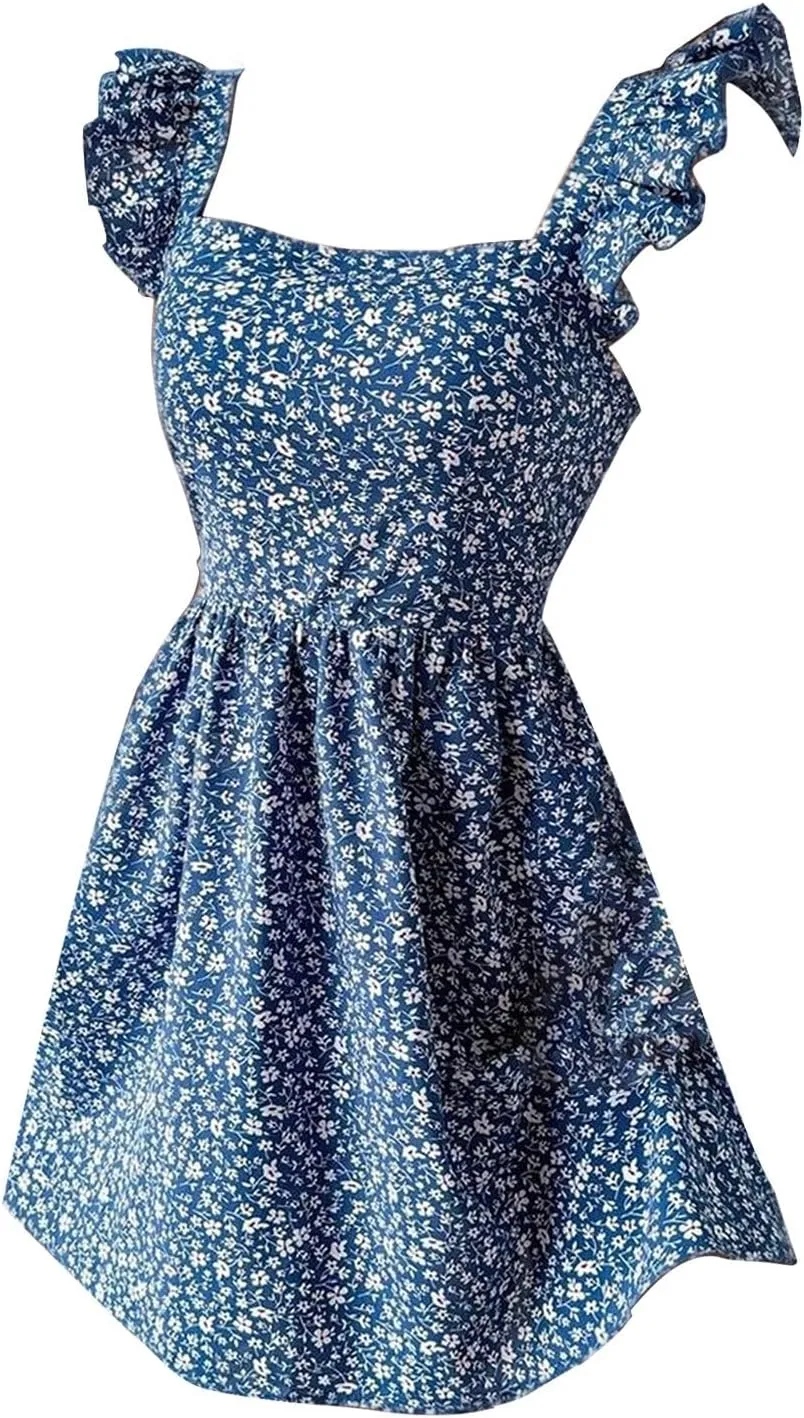 XOWRTE Womens Square Neck Sleeveless Ruffle Dress High Waist Backless A-line Smocked Casual Short Mini Dresses for Women