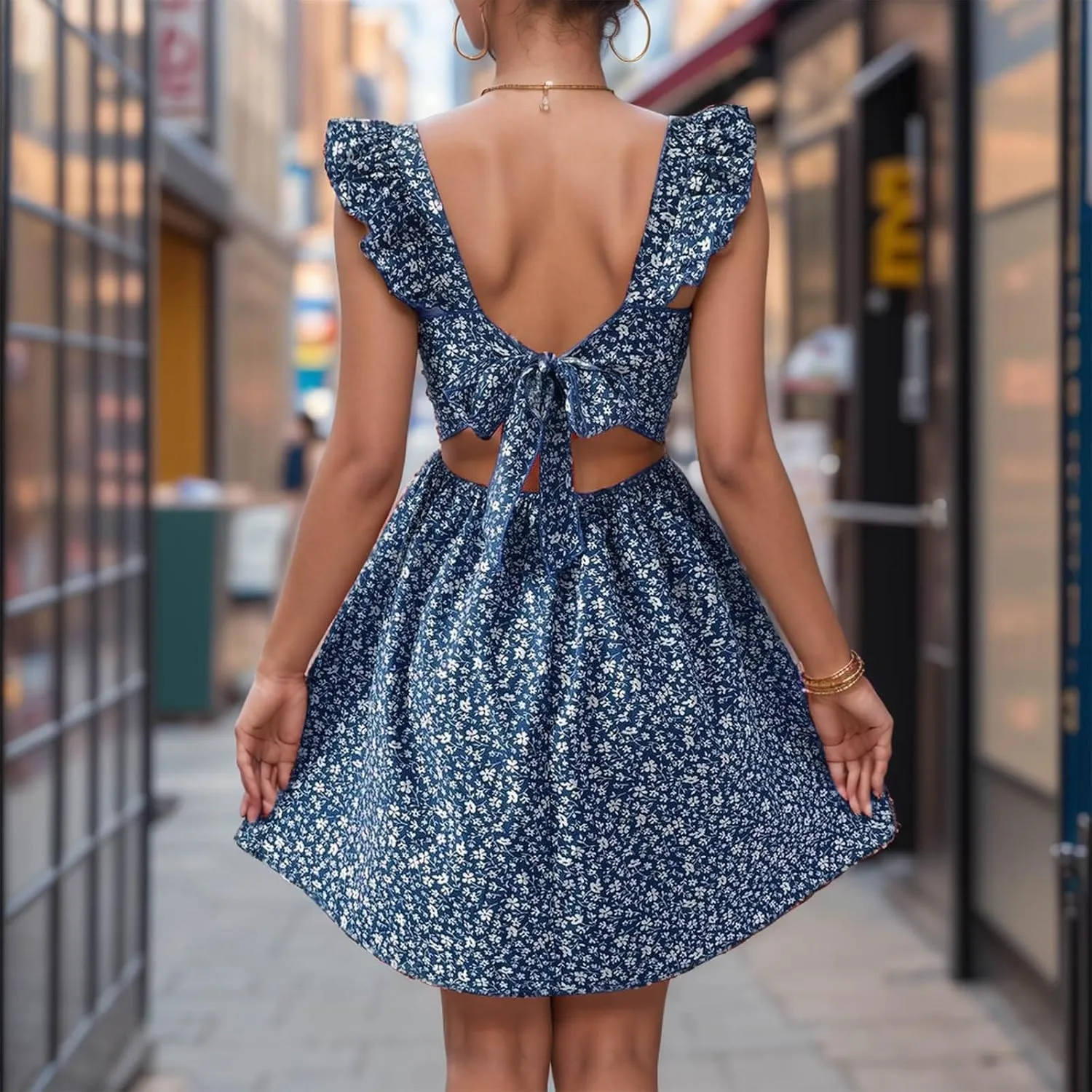 XOWRTE Womens Square Neck Sleeveless Ruffle Dress High Waist Backless A-line Smocked Casual Short Mini Dresses for Women