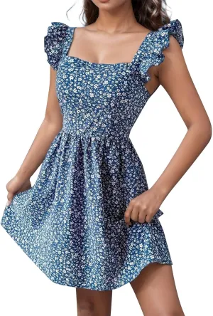 XOWRTE Womens Square Neck Sleeveless Ruffle Dress High Waist Backless A-line Smocked Casual Short Mini Dresses for Women
