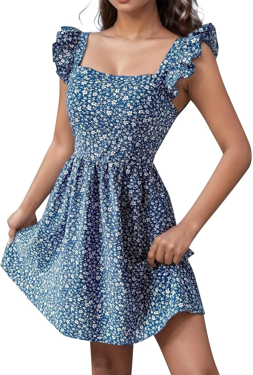 XOWRTE Womens Square Neck Sleeveless Ruffle Dress High Waist Backless A-line Smocked Casual Short Mini Dresses for Women