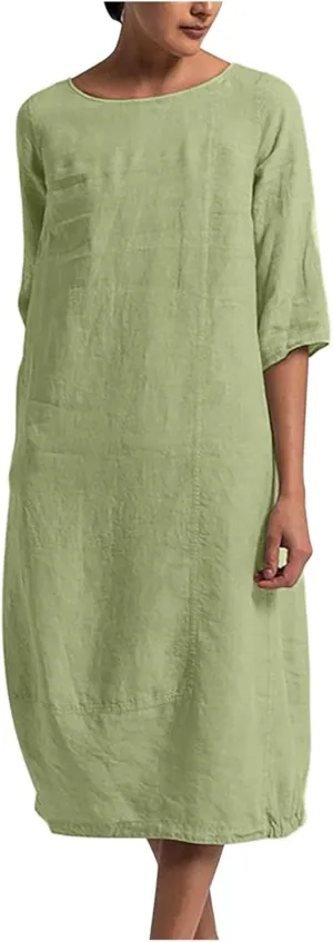 XUNRYAN Plus Size Womens Casual Linen Dress Midi Dresses V Neck Baggy Loose Fit 3/4 Sleeve Shirt Dress with Pockets