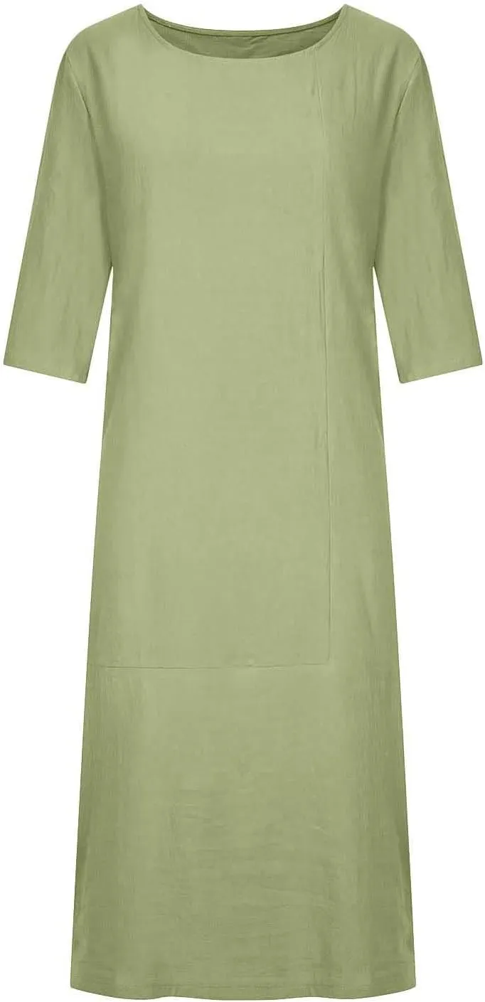 XUNRYAN Plus Size Womens Casual Linen Dress Midi Dresses V Neck Baggy Loose Fit 3/4 Sleeve Shirt Dress with Pockets