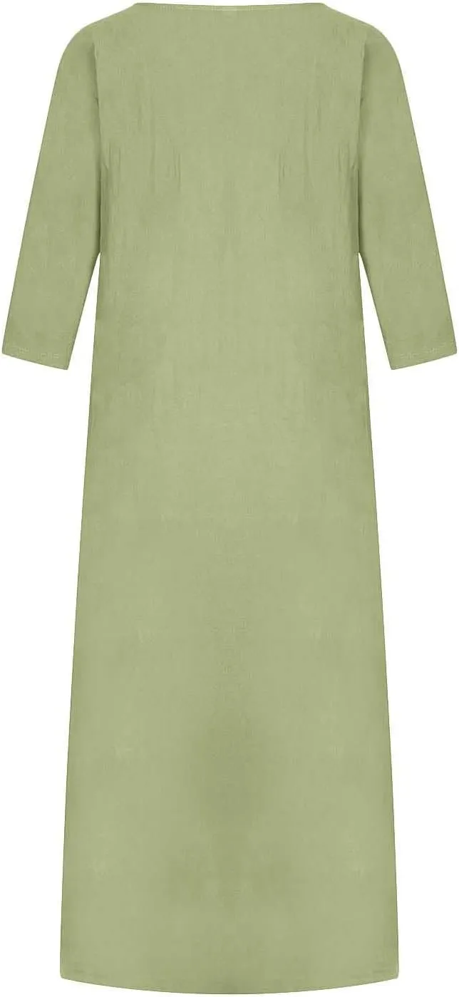 XUNRYAN Plus Size Womens Casual Linen Dress Midi Dresses V Neck Baggy Loose Fit 3/4 Sleeve Shirt Dress with Pockets