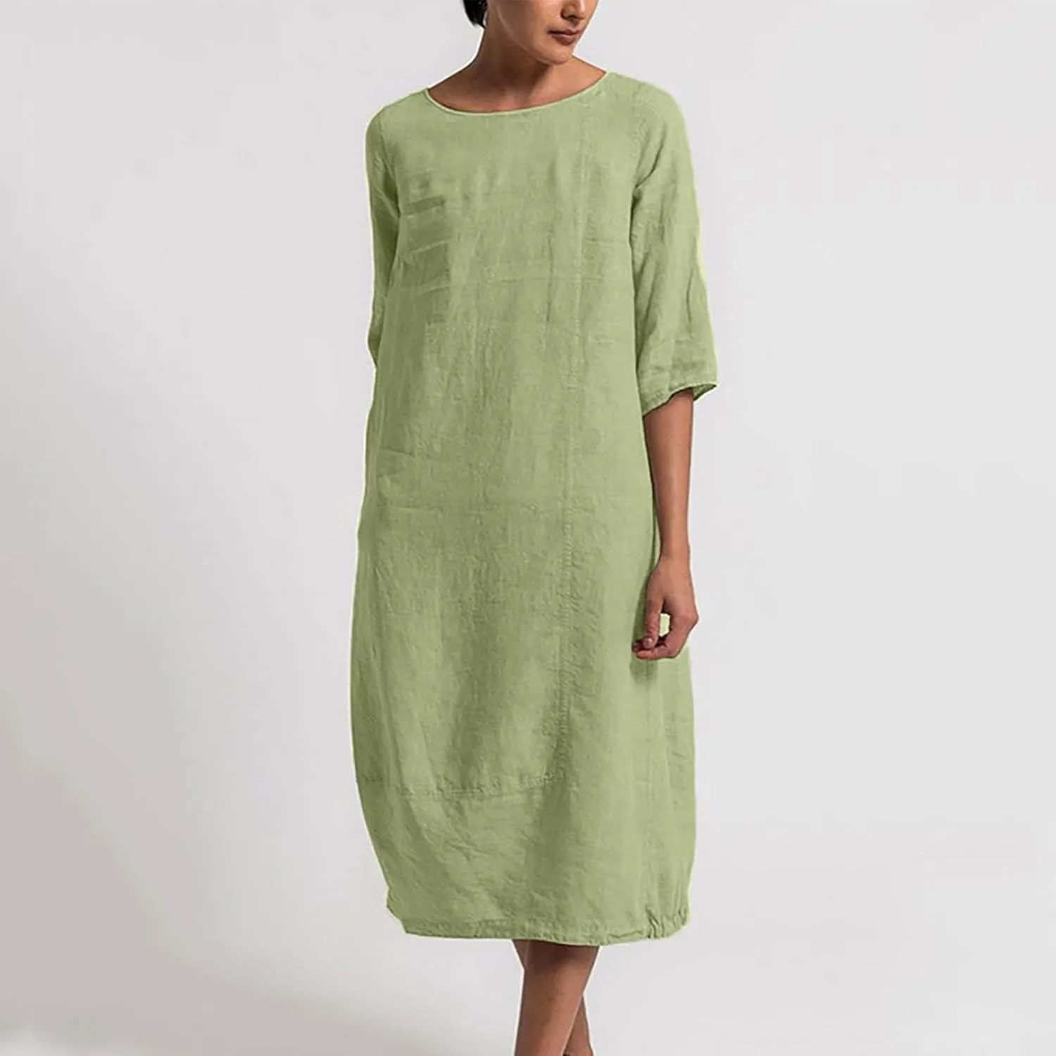 XUNRYAN Plus Size Womens Casual Linen Dress Midi Dresses V Neck Baggy Loose Fit 3/4 Sleeve Shirt Dress with Pockets