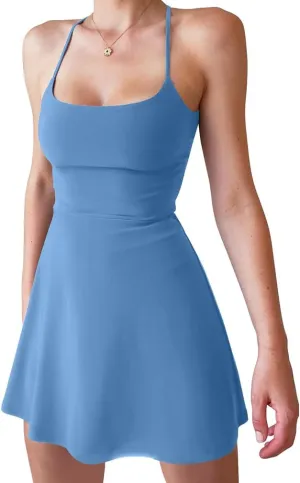 XXTAXN Women's Summer Casual Tennis Workout Spaghetti Strap Backless Mini Dress with Shorts