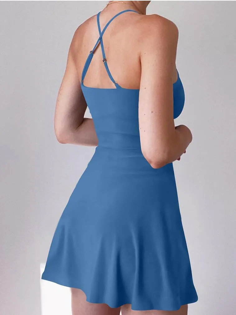 XXTAXN Women's Summer Casual Tennis Workout Spaghetti Strap Backless Mini Dress with Shorts