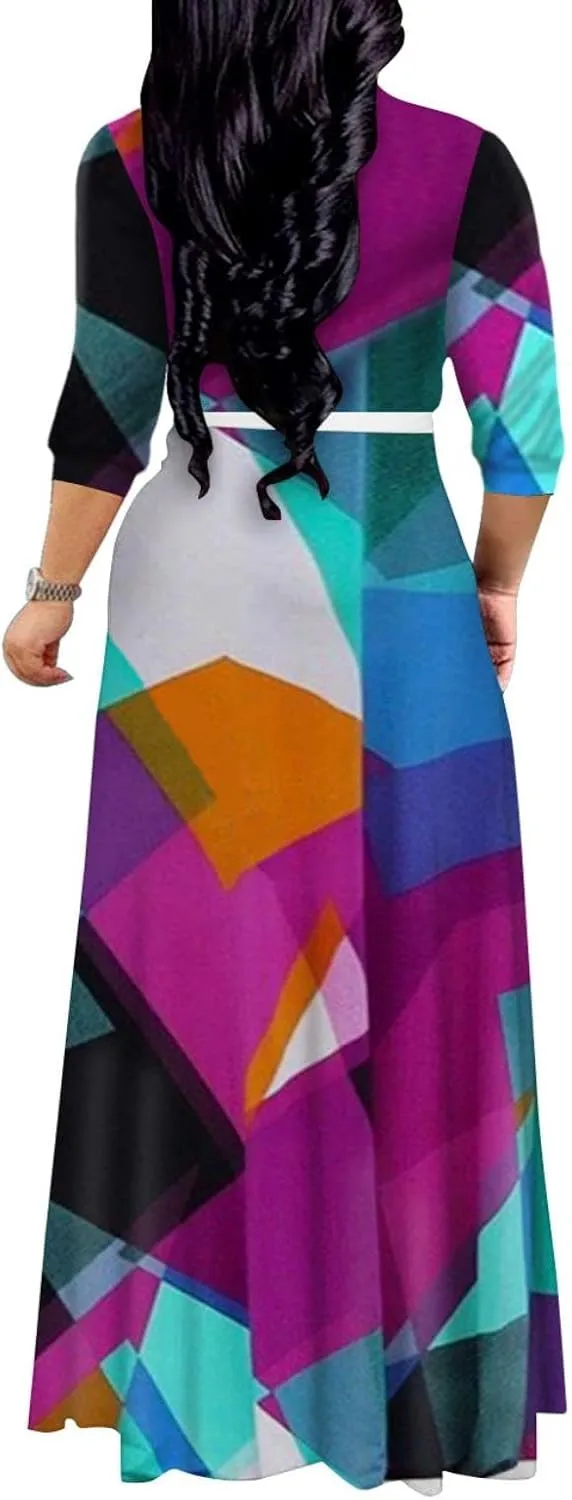 Yajedo Women's Maxi Dress Casual 2024 3/4 Sleeve Crewneck Wrap Floor Length Sundress Plus Size Maxi Dresses with Belt
