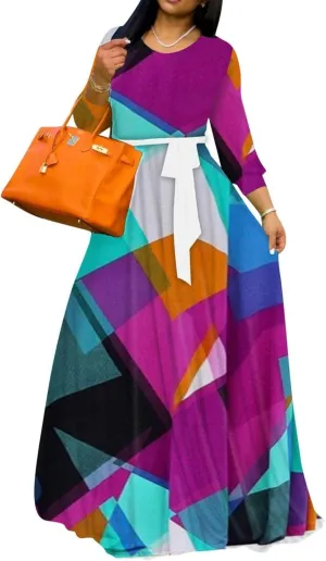 Yajedo Women's Maxi Dress Casual 2024 3/4 Sleeve Crewneck Wrap Floor Length Sundress Plus Size Maxi Dresses with Belt