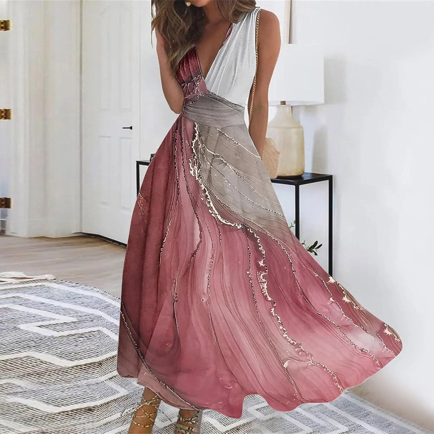 ZDRZK Women's Casual Dresses Sleeveless Wrapped Chest Maxi Dresses Marble Print Sexy Flowy Summer Dresses Trendy 2024