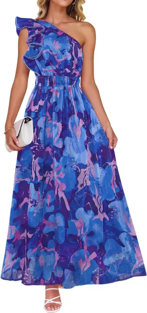ZESICA Women's 2025 Boho Floral Sleeveless Maxi Dress Ruffle One Shoulder Elatsic High Waist Beach Party Long Dresses