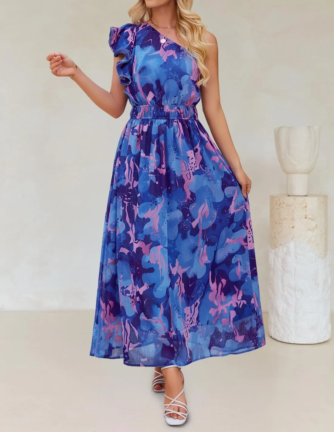 ZESICA Women's 2025 Boho Floral Sleeveless Maxi Dress Ruffle One Shoulder Elatsic High Waist Beach Party Long Dresses