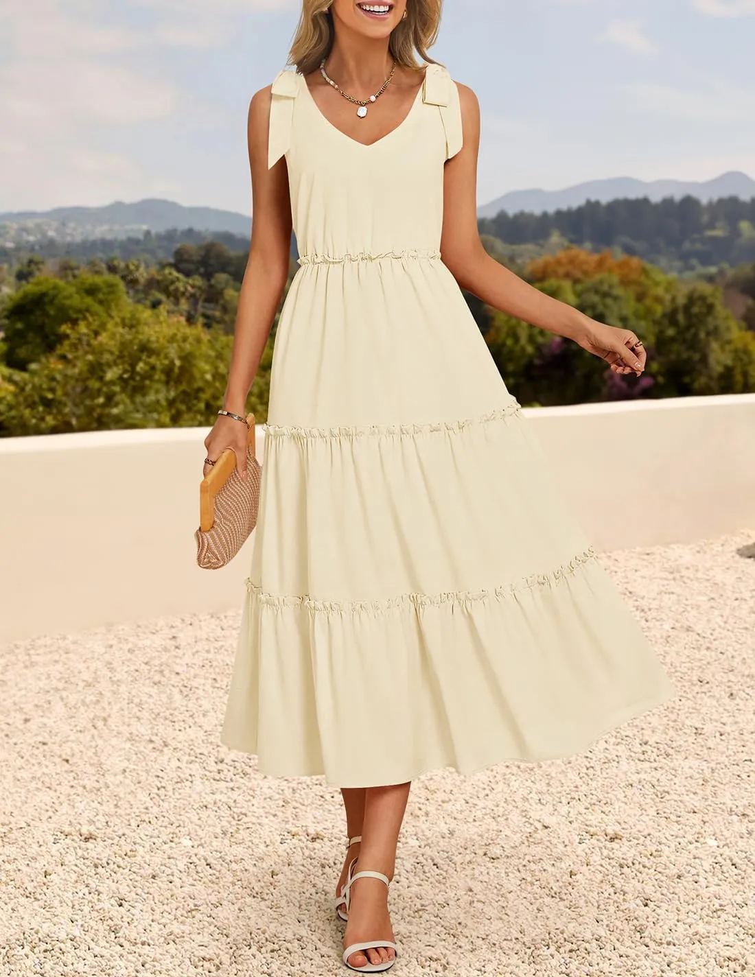 ZESICA Women's 2025 Summer Boho Casual V Neck Sleeveless Midi Dresses Tie Shoulder Flowy Tiered A Line Beach Long Sundress