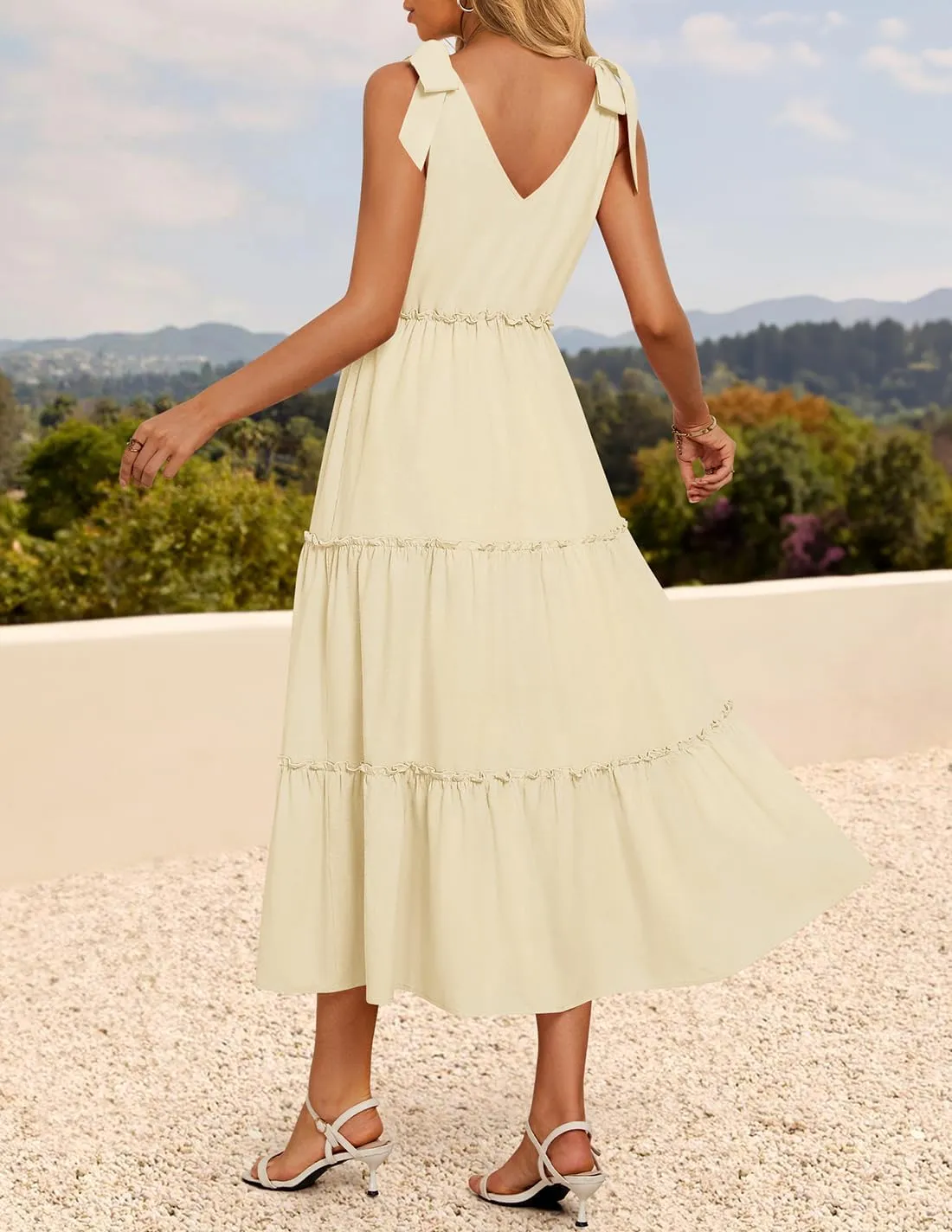 ZESICA Women's 2025 Summer Boho Casual V Neck Sleeveless Midi Dresses Tie Shoulder Flowy Tiered A Line Beach Long Sundress