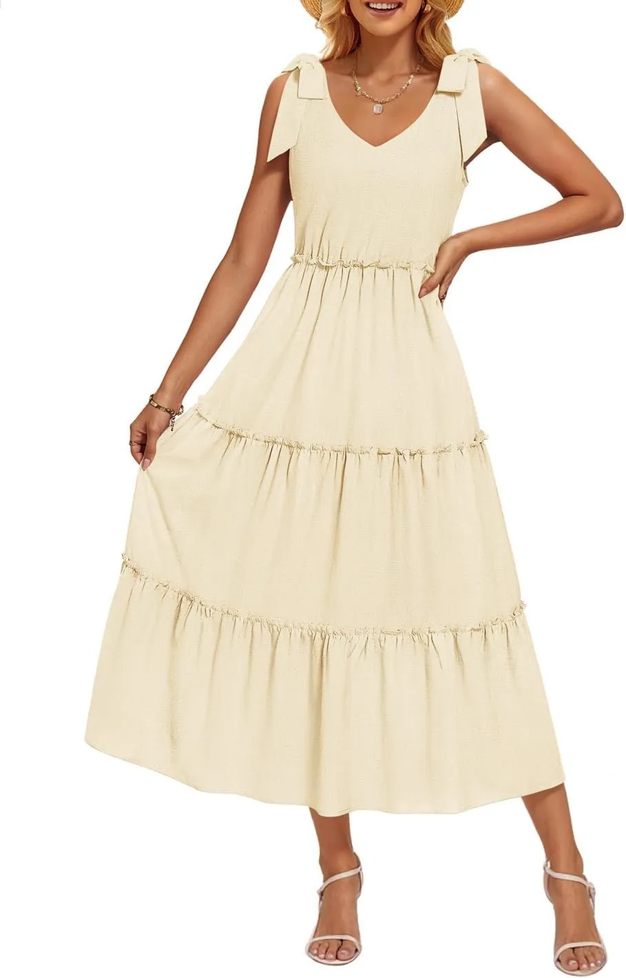 ZESICA Women's 2025 Summer Boho Casual V Neck Sleeveless Midi Dresses Tie Shoulder Flowy Tiered A Line Beach Long Sundress