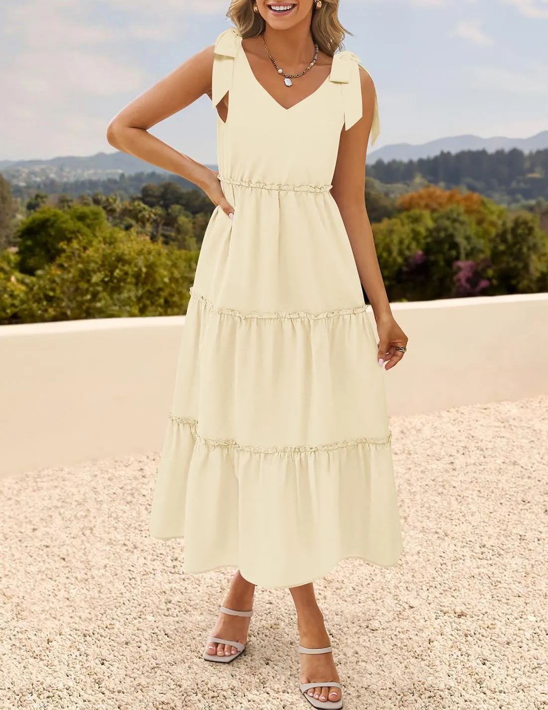ZESICA Women's 2025 Summer Boho Casual V Neck Sleeveless Midi Dresses Tie Shoulder Flowy Tiered A Line Beach Long Sundress