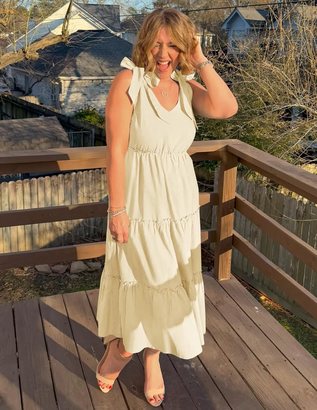 ZESICA Women's 2025 Summer Boho Casual V Neck Sleeveless Midi Dresses Tie Shoulder Flowy Tiered A Line Beach Long Sundress